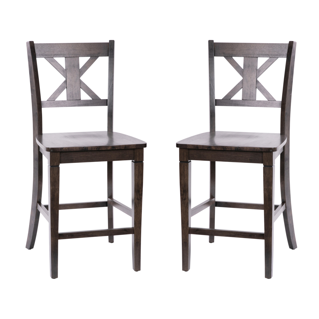 2 Piece Counter Stools, X Design Wood Back, Washed Gray