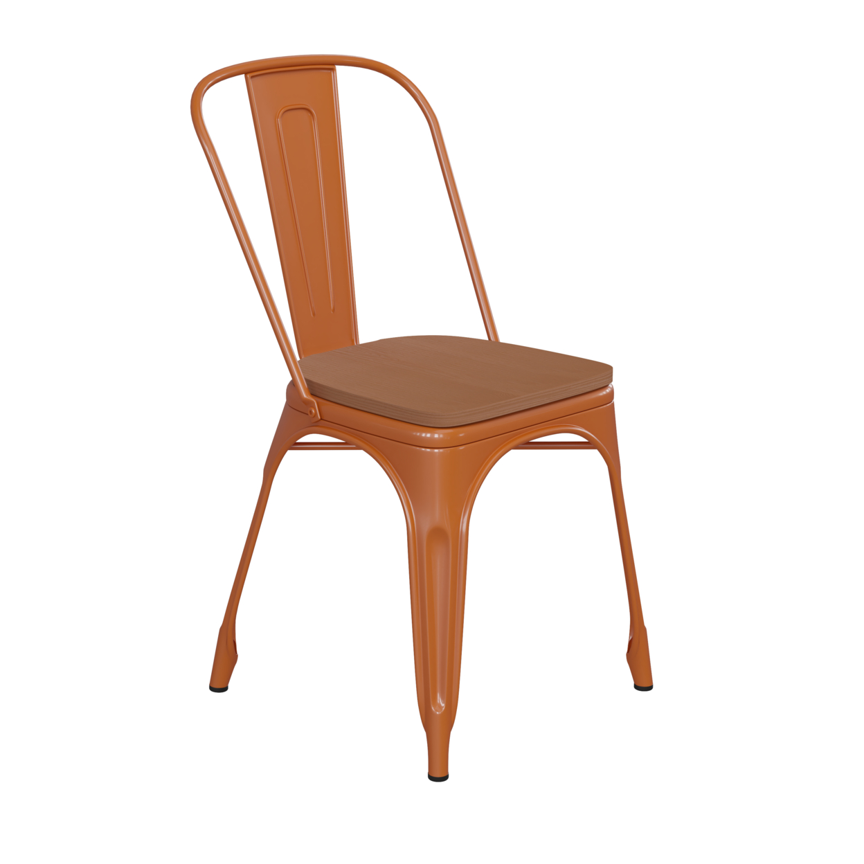 Metal Chair, Curved Design Back, Polyresin Sleek Seat, Rust Orange