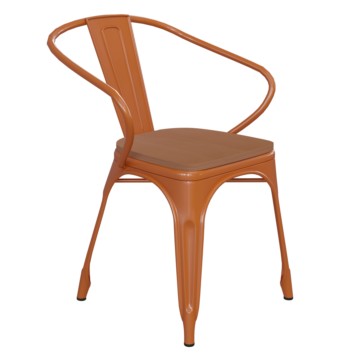 Metal Chair, Open Design Curved Arms, Polyresin Wood Seat, Rust Orange