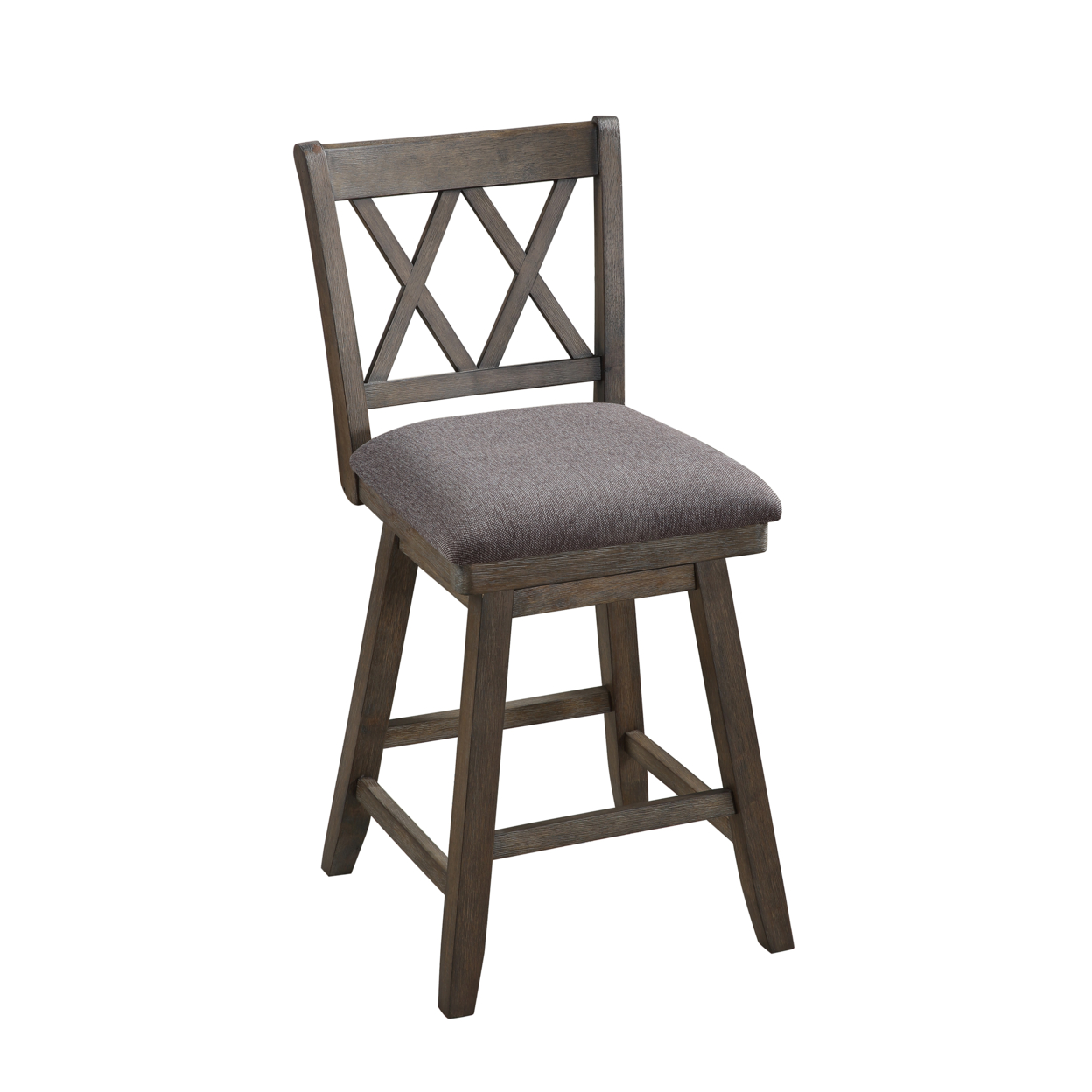 Jasmine 24 Handcrafted Rustic 360 Degree Swivel Counter Stool Chair, Distressed Walnut Brown, Gray Seat Cushion- Saltoro Sherpi