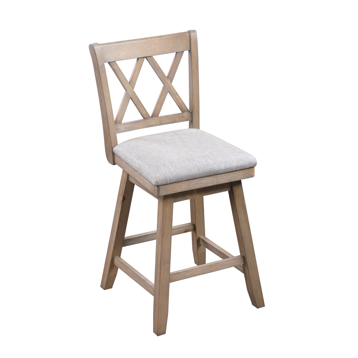 Jasmine 24 Handcrafted Rustic 360 Degree Swivel Counter Stool Chair, Distressed Oak Brown, Gray Seat Cushion- Saltoro Sherpi