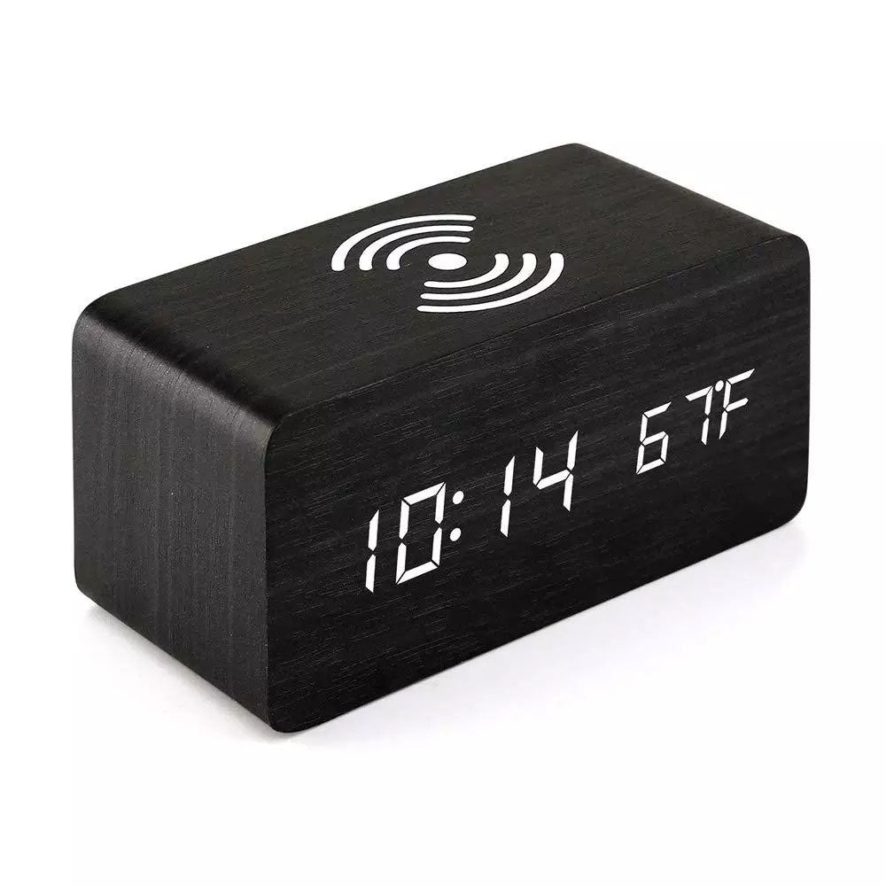 Wooden Led Clock Wireless Charging, Bedside Clock With Time & Temperature Display, 3 Brightness Levels For Your Bedroom - Black