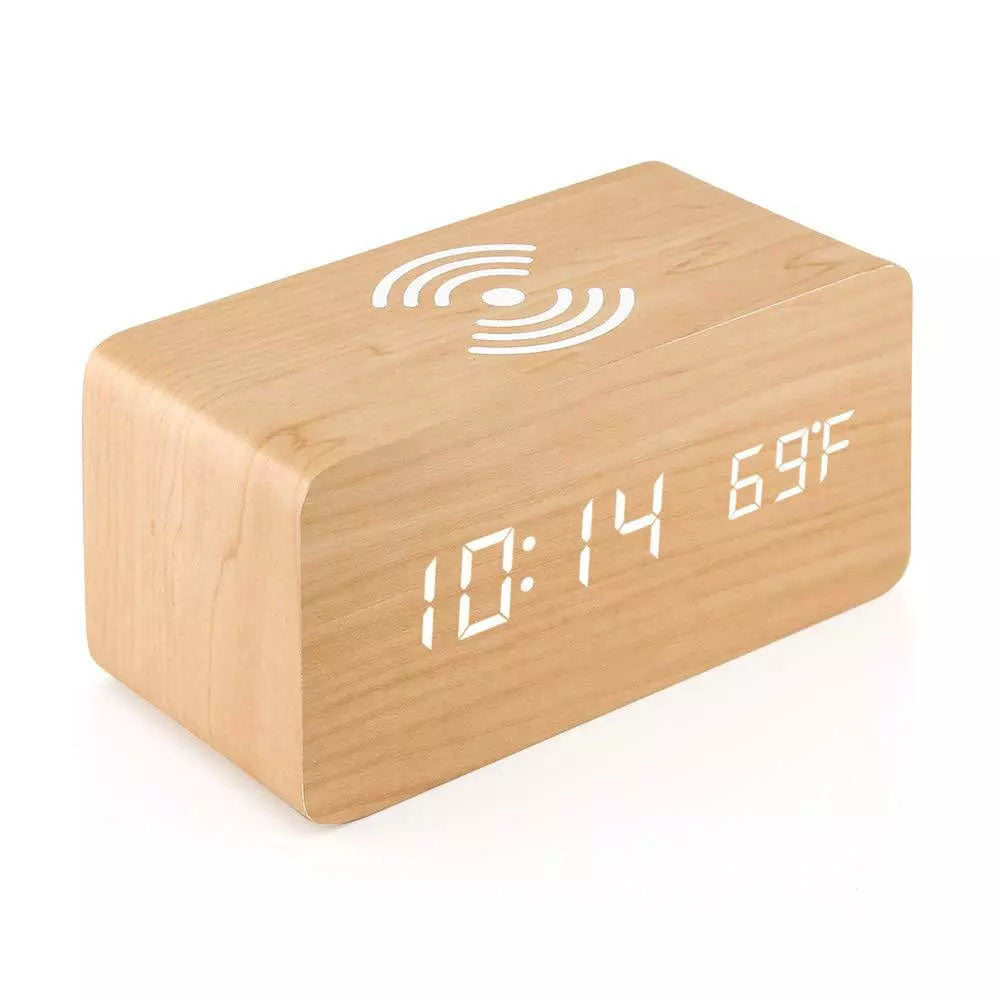 Wooden Led Clock Wireless Charging, Bedside Clock With Time & Temperature Display, 3 Brightness Levels For Your Bedroom - Bamboo
