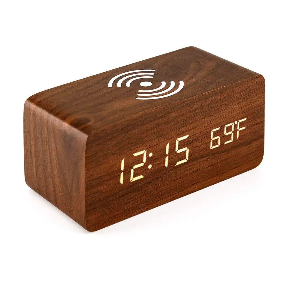 Wooden Led Clock Wireless Charging, Bedside Clock With Time & Temperature Display, 3 Brightness Levels For Your Bedroom - Brown