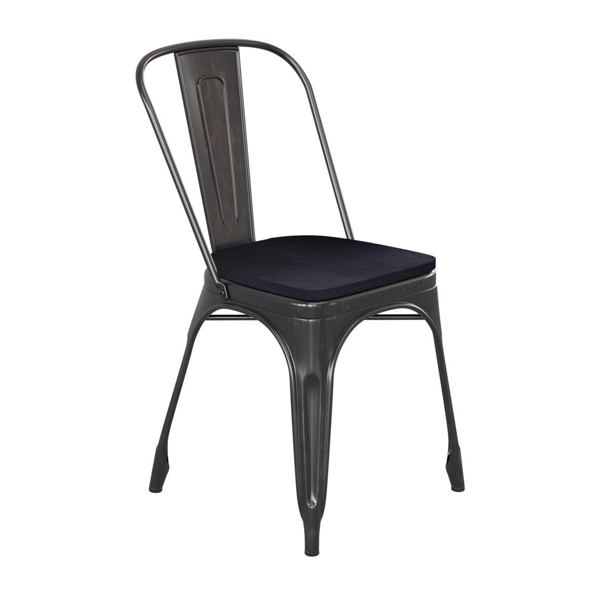 Metal Chair, Curved Design Back, Polyresin Wood Seat, Black
