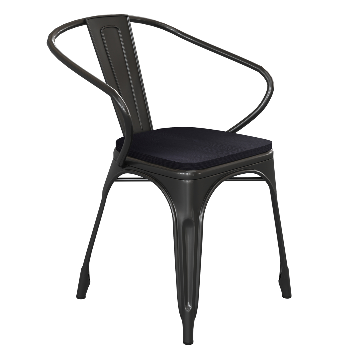 Metal Chair, Open Design Curved Arms, Black Polyresin Wood Seat