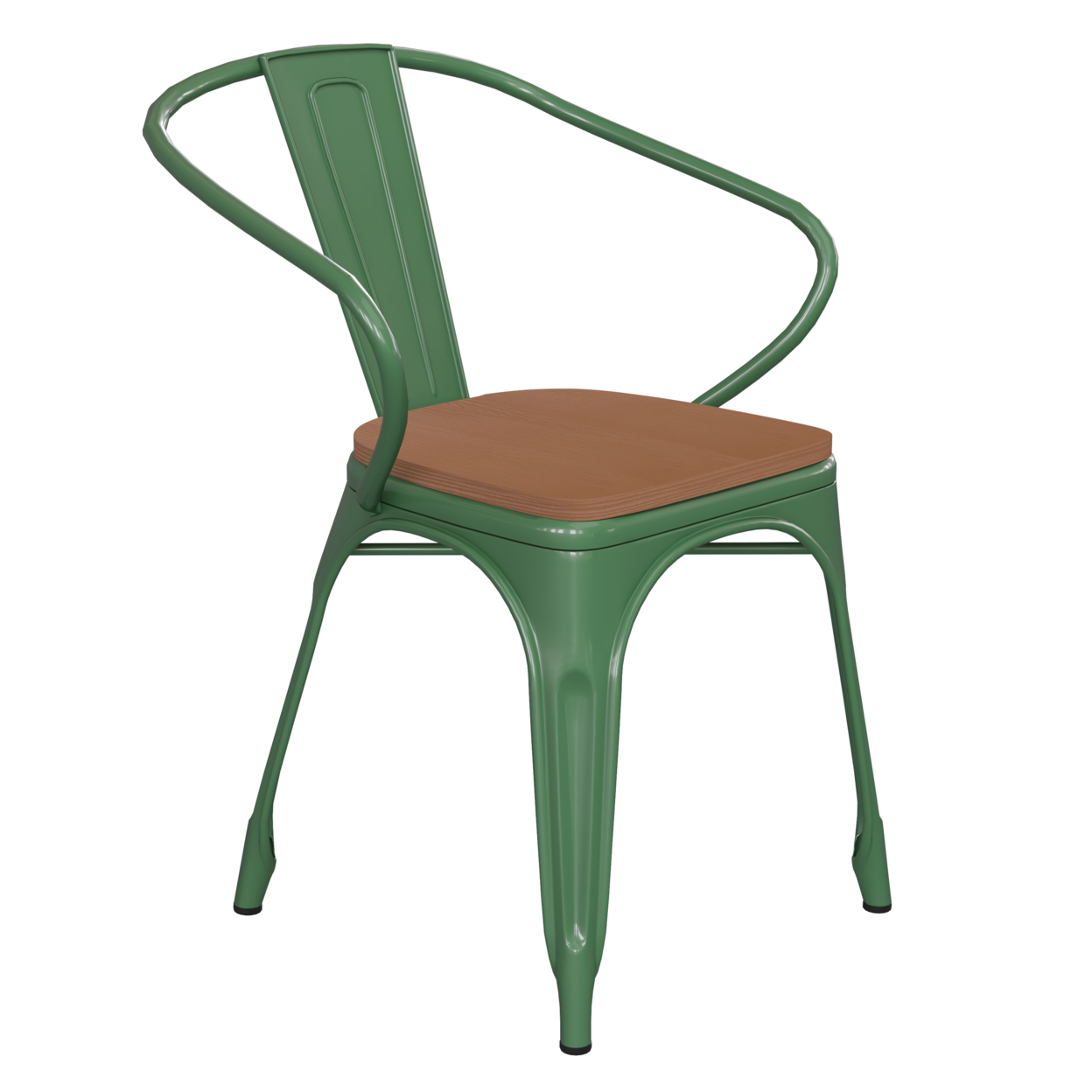 Metal Chair, Open Design Curved Arms, Polyresin Wood Seat, Sage Green