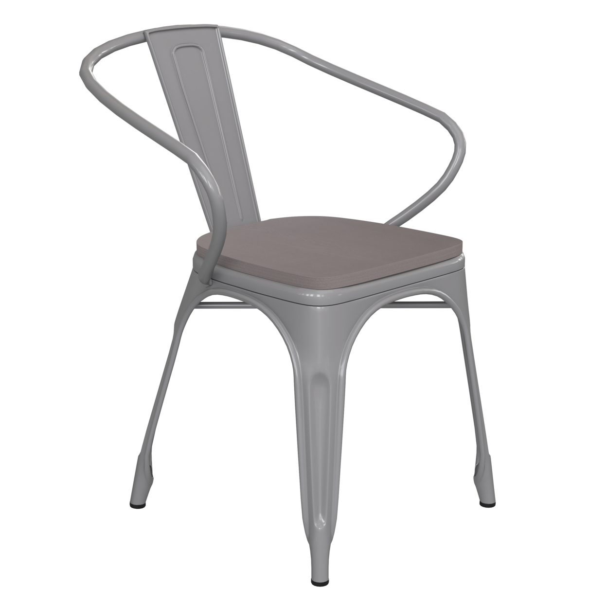 Metal Chair, Open Design Curved Arms, Polyresin Wood Seat, Silver