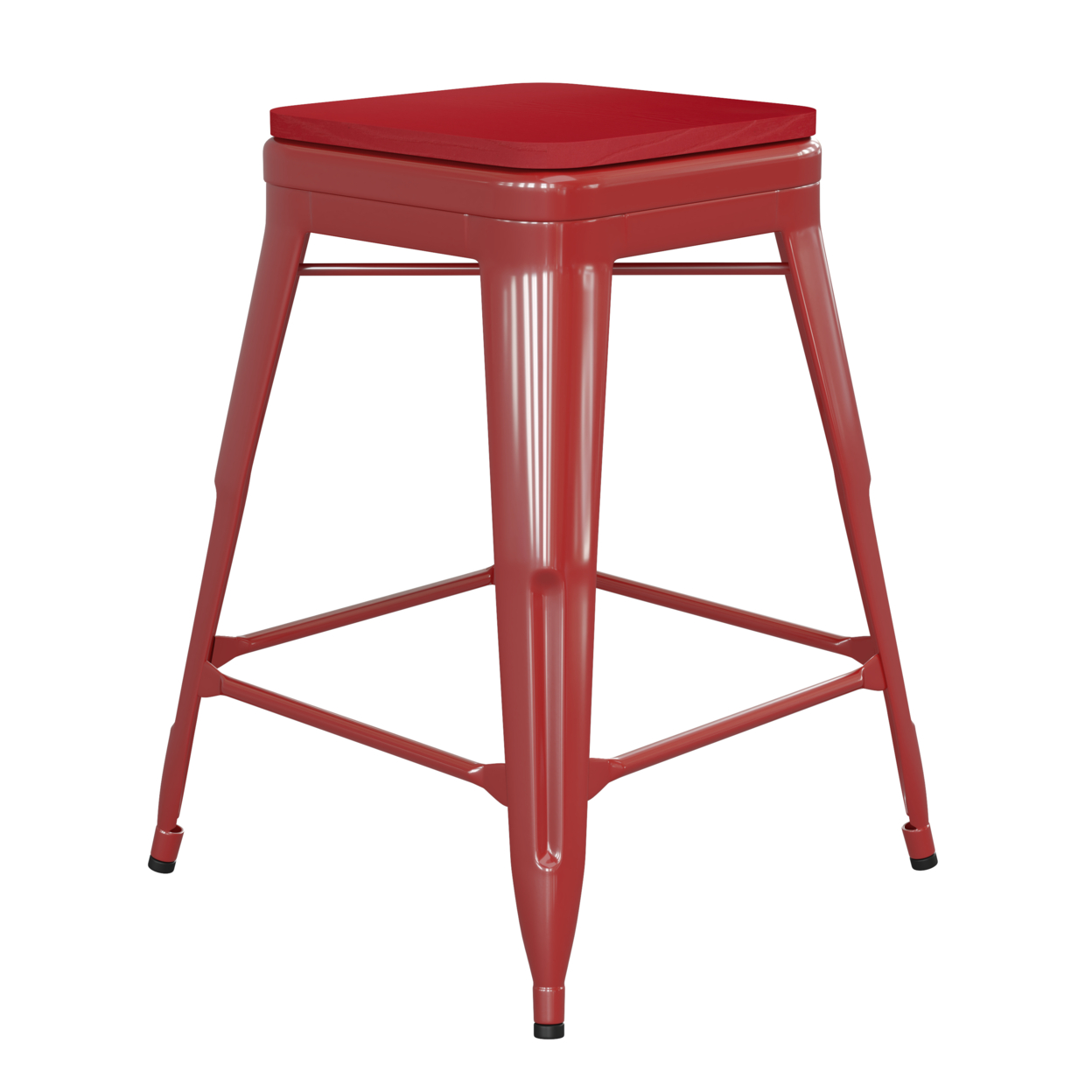 24 Inch Metal Stool, Thick Wood Seat, Dark Red