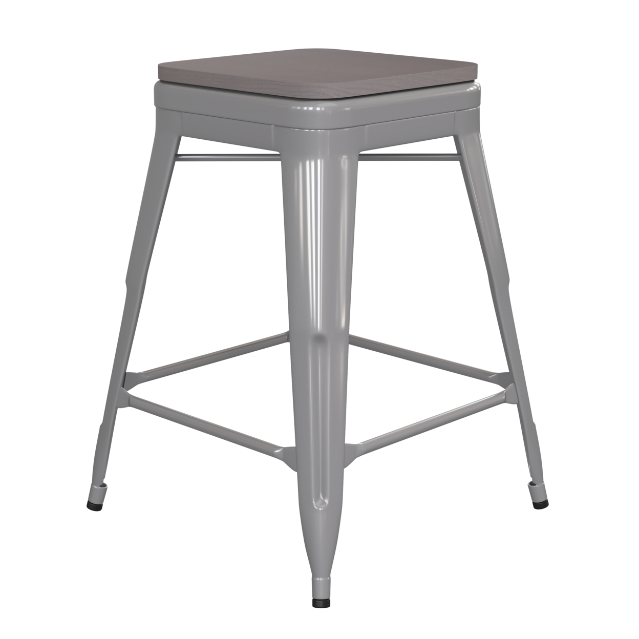 24 Inch Metal Stool, Thick Wood Seat, Silver