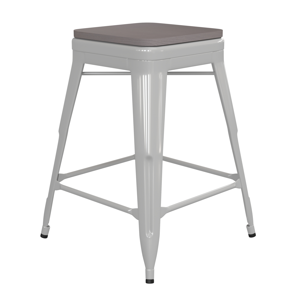 24 Inch Metal Stool, Thick Wood Seat, Light Gray