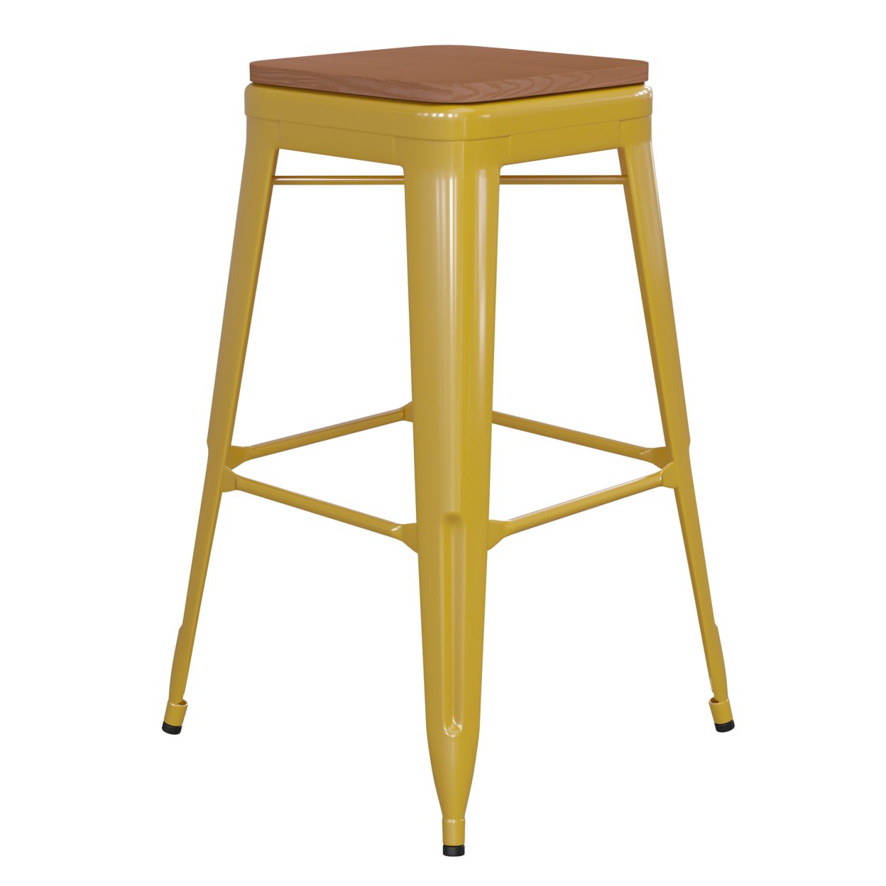 30 Inch Metal Stool, Teak Brown Wood Seat, Yellow