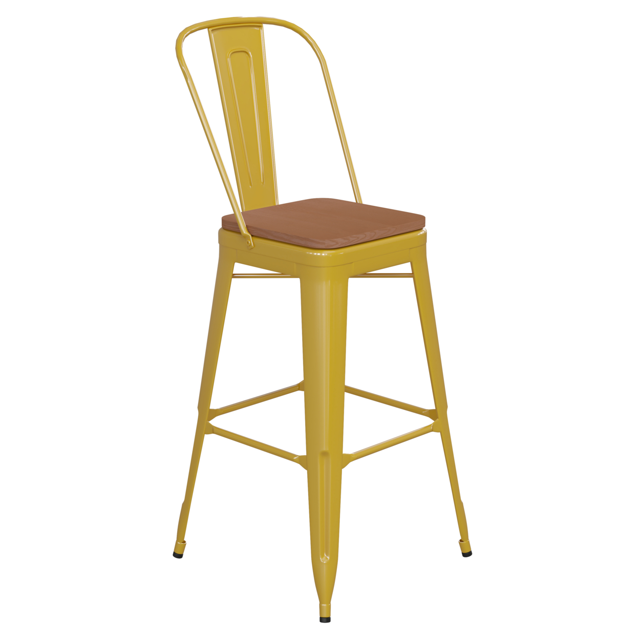30 Inch Metal Chair, Curved Design Back, Polyresin Sleek Seat, Yellow