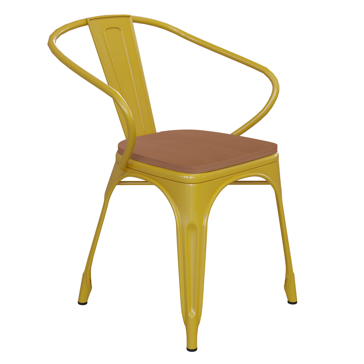 Metal Chair, Open Design Curved Arms, Polyresin Teal Blue Seat, Yellow