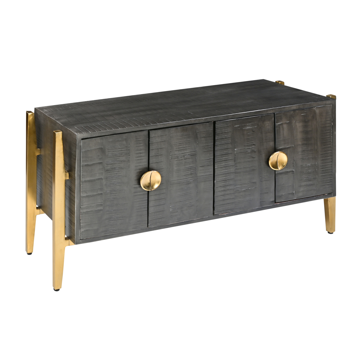 Tali 48 Inch Accent Sideboard Buffet Cabinet, 2 Doors With Gold Round Handles, Saw Marked, Charcoal Gray Acacia Wood- Saltoro Sherpi