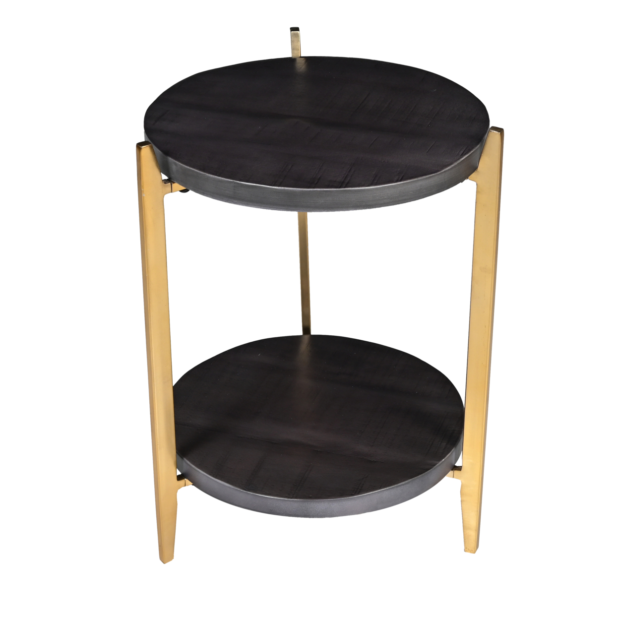 Tali 16 Inch Handcrafted Round Side End Table, 2 Tier, Charcoal Gray Acacia Wood, Sleek Gold Metal Legs- Saltoro Sherpi