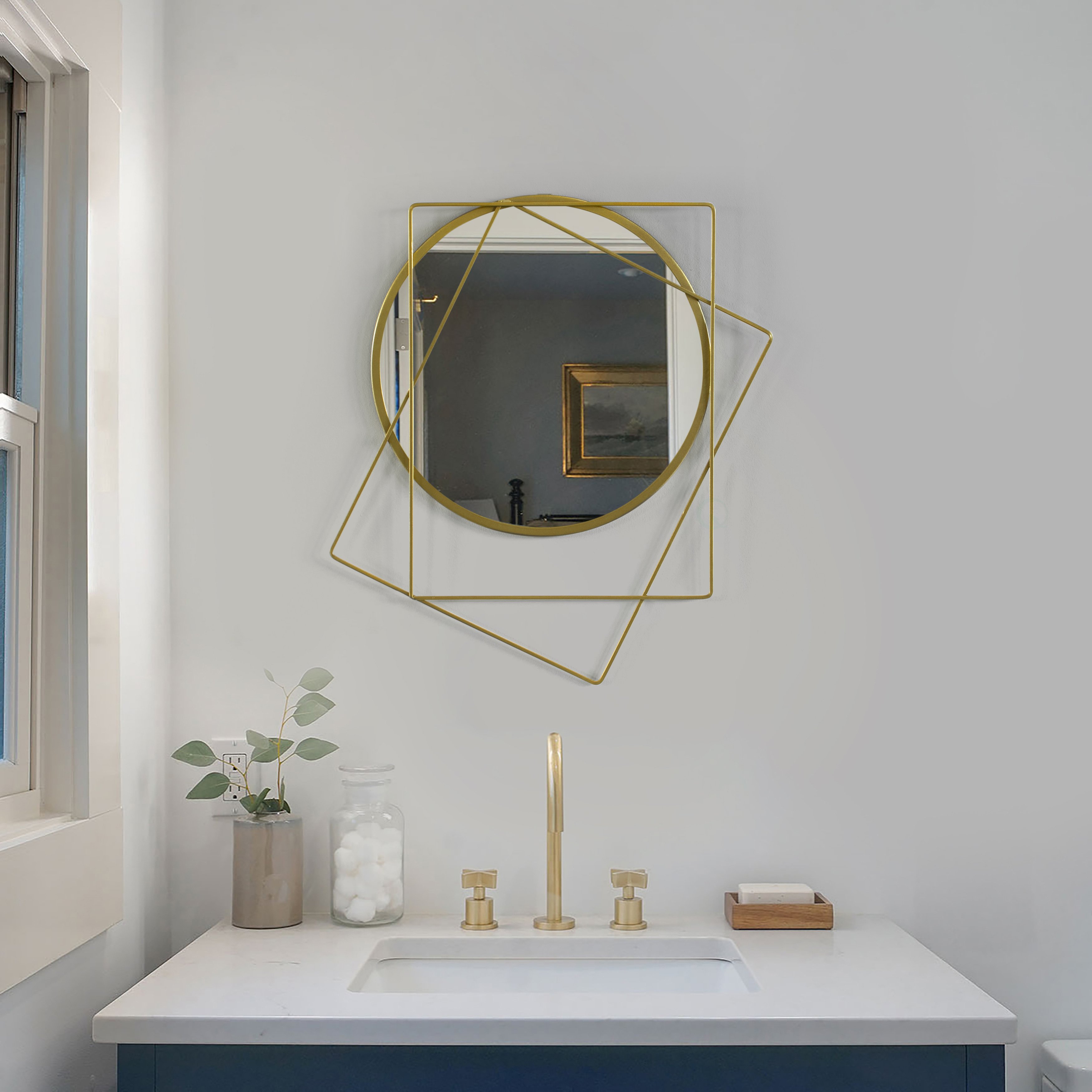 Decorative Round Frame Gold Metal Wall Mounted Modern Mirror With 4 Glass Mirror Balls - Gold Square