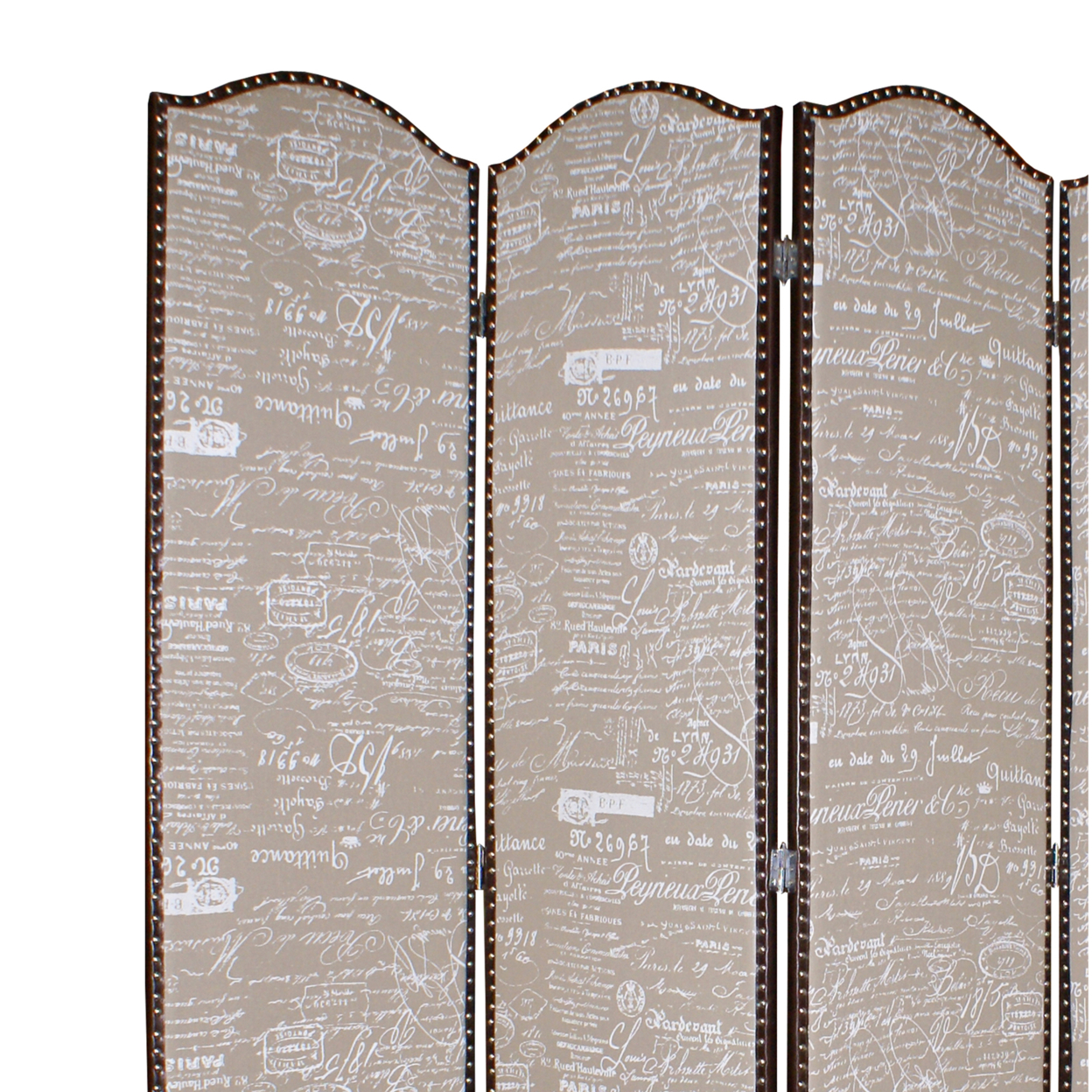 4 Panel Scripted Fabric Wooden Scalloped Room Divider, Beige And Brown- Saltoro Sherpi