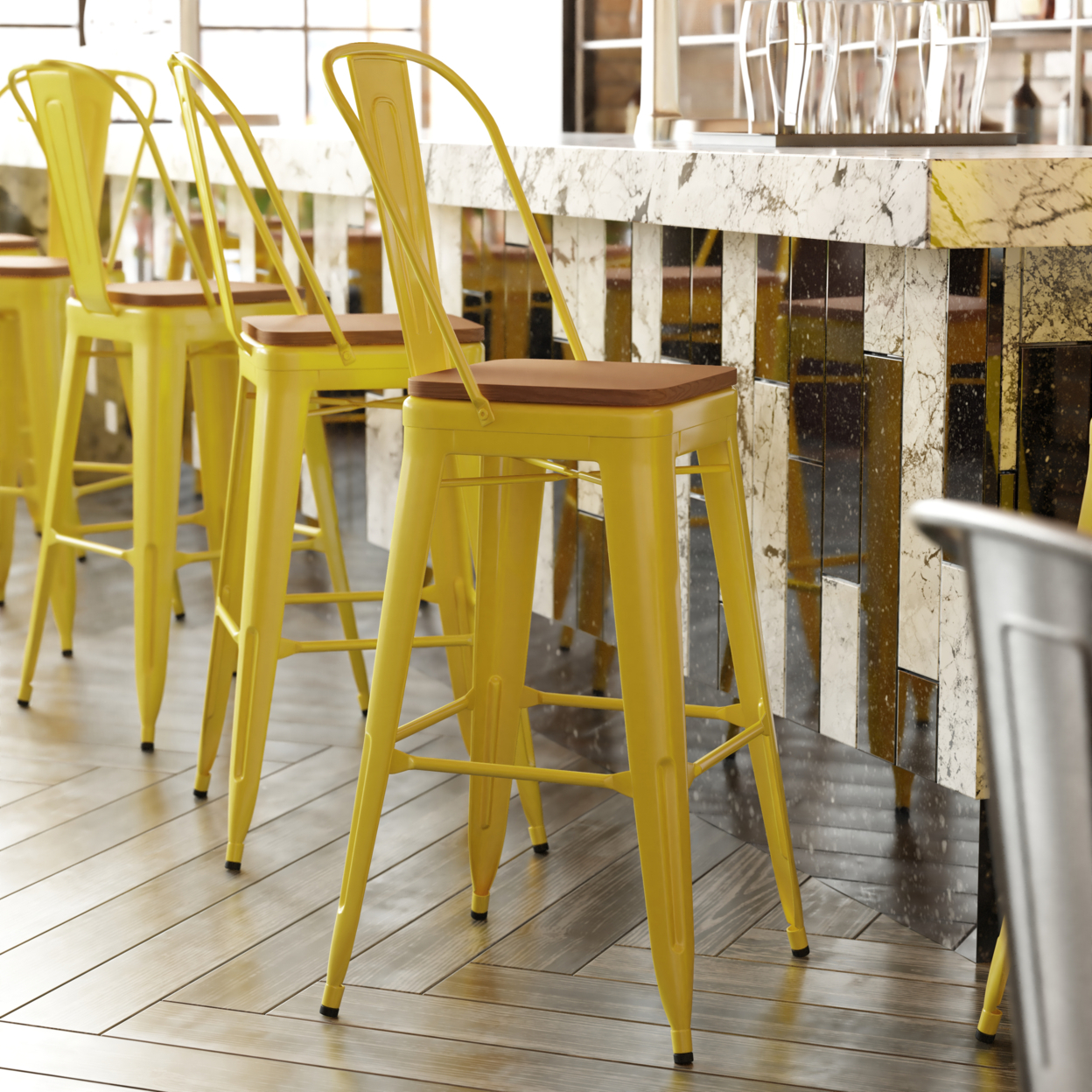 30 Inch Metal Chair, Curved Design Back, Polyresin Sleek Seat, Yellow