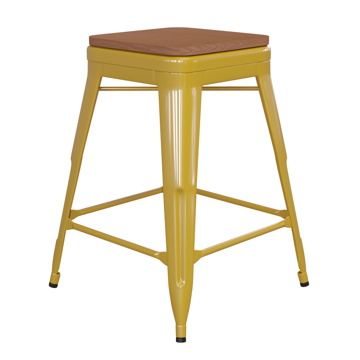 24 Inch Metal Stool, Thick Wood Seat, Yellow