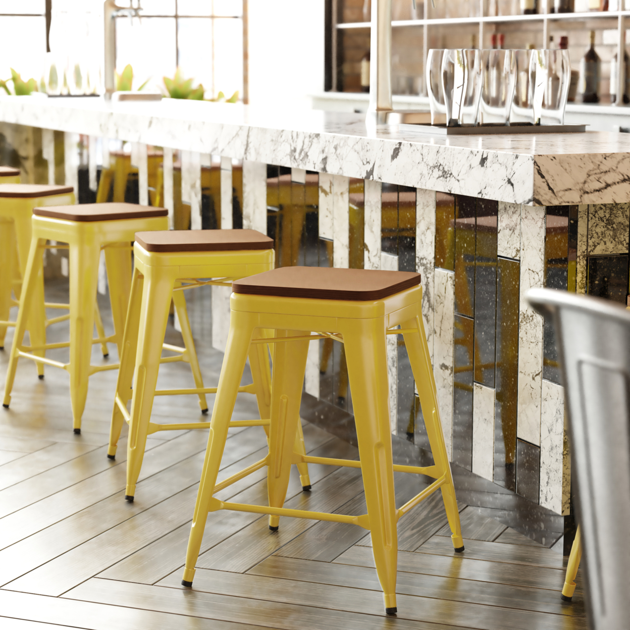 24 Inch Metal Stool, Thick Wood Seat, Yellow