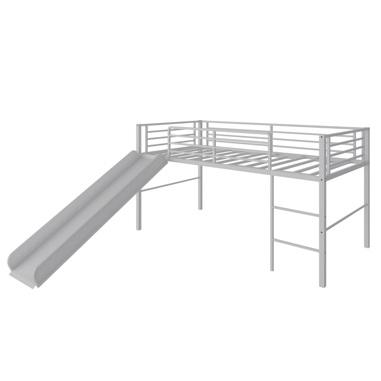 Twin Metal Loft Bed With Slide Guardrails Built-in Ladder Low Bed Frame - Silver