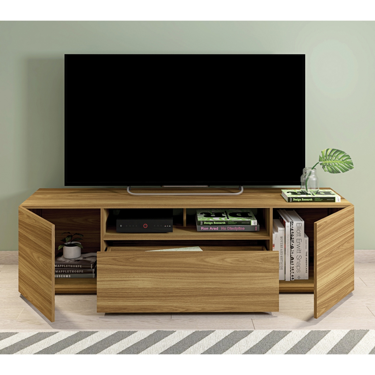 71 Inch Handcrafted Wood TV Media Entertainment Console, Wood Grain, 2 Cabinets, Single Shelf, Walnut Brown- Saltoro Sherpi