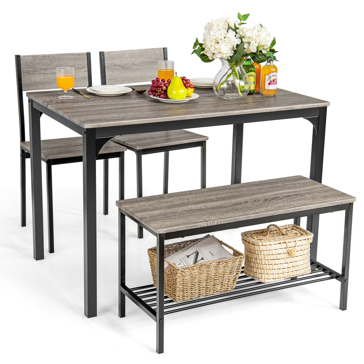 4pcs Dining Table Set Rustic Desk 2 Chairs & Bench W/ Storage Rack - Grey
