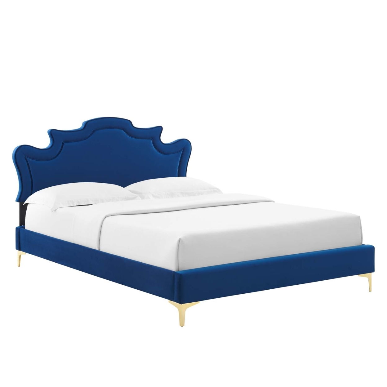 Twin Bed, Scalloped Headboard, Navy Blue Velvet
