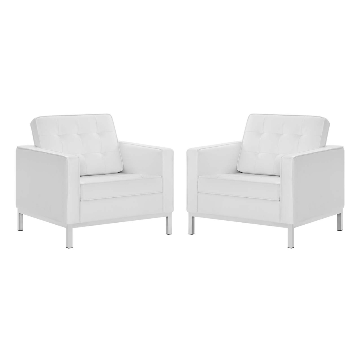 Loft Tufted Upholstered Faux Leather Armchair Set Of 2, Silver White