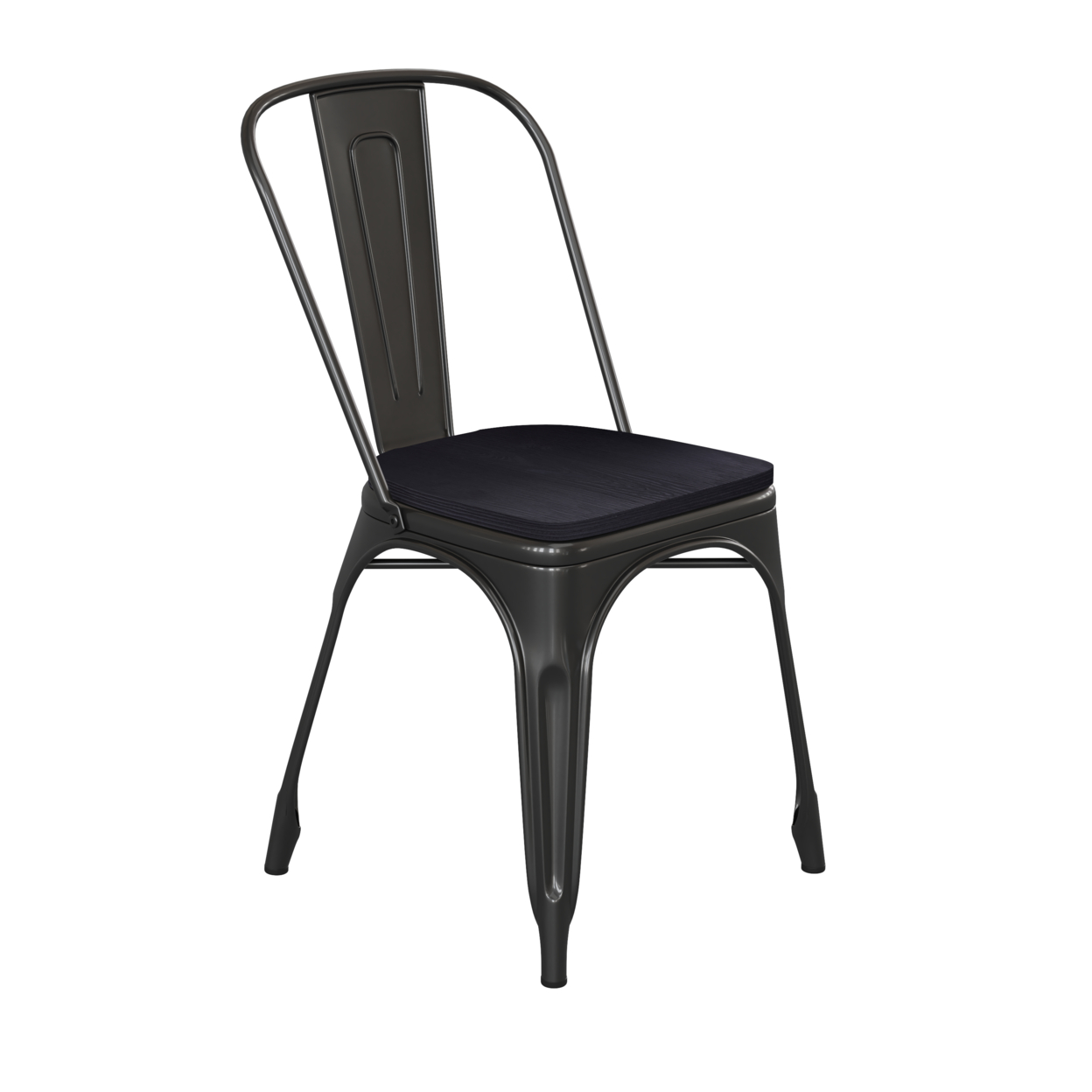 Metal Chair, Curved Design Back, Polyresin Wood Sleek Seat, Black