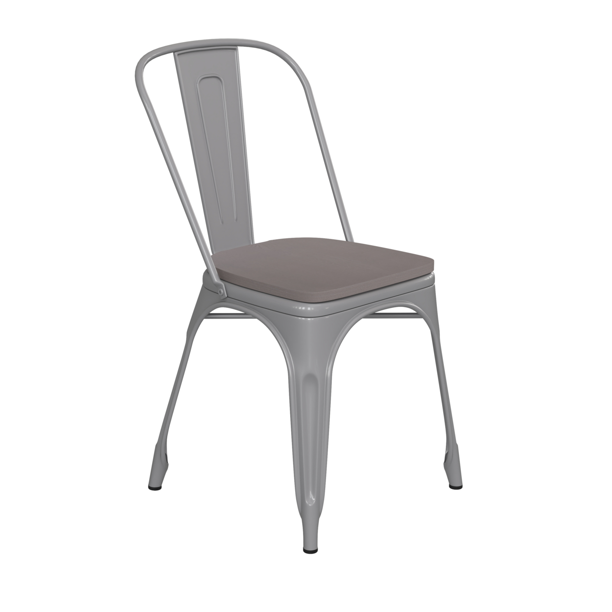Metal Chair, Curved Open Back, Polyresin Sleek Gray Seat, Silver