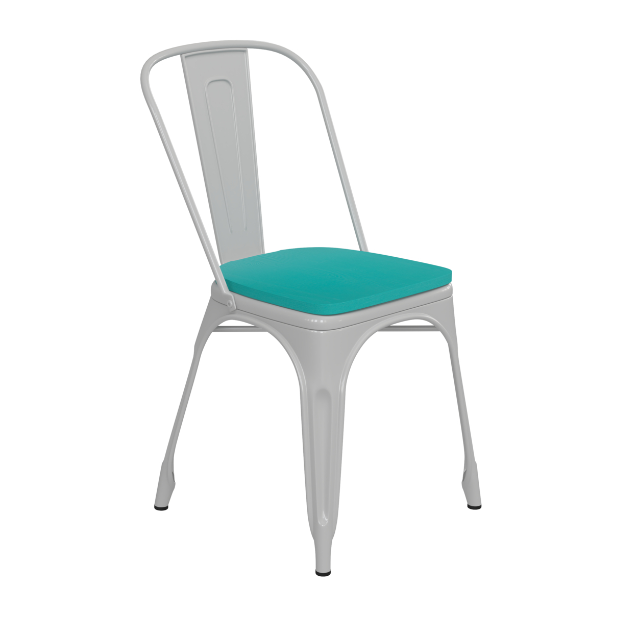 Metal Chair, Curved Open Back, Polyresin Sleek Teal Seat, Light Gray