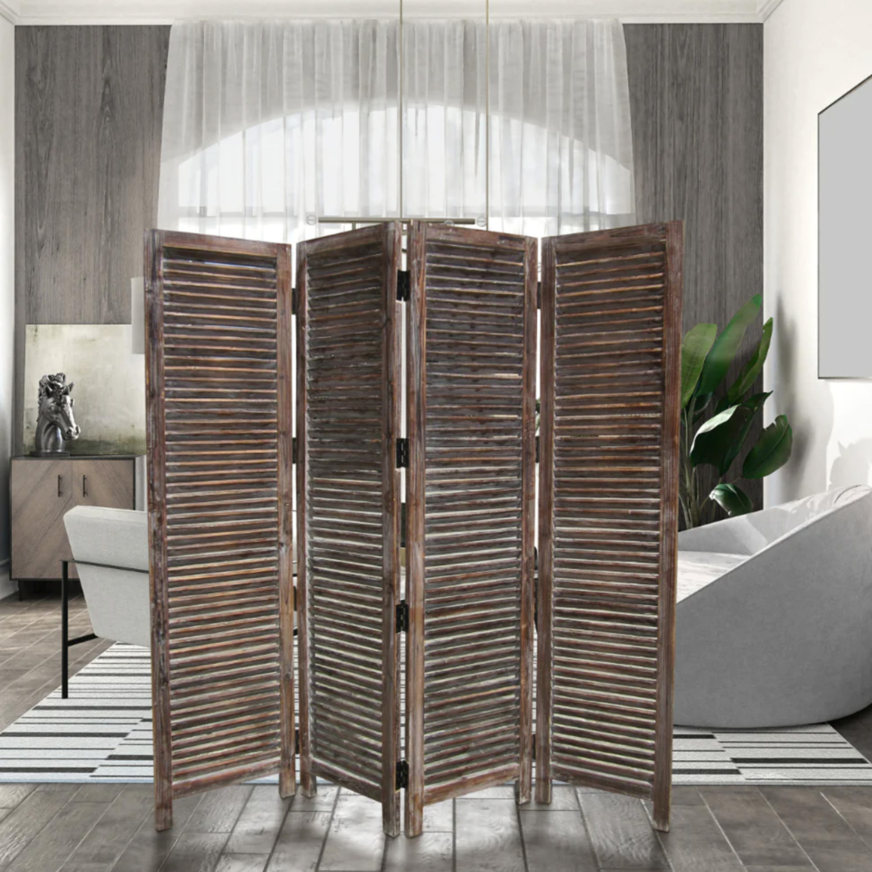 4 Panel Room Divider With Shutter Design, Weathered Brown- Saltoro Sherpi