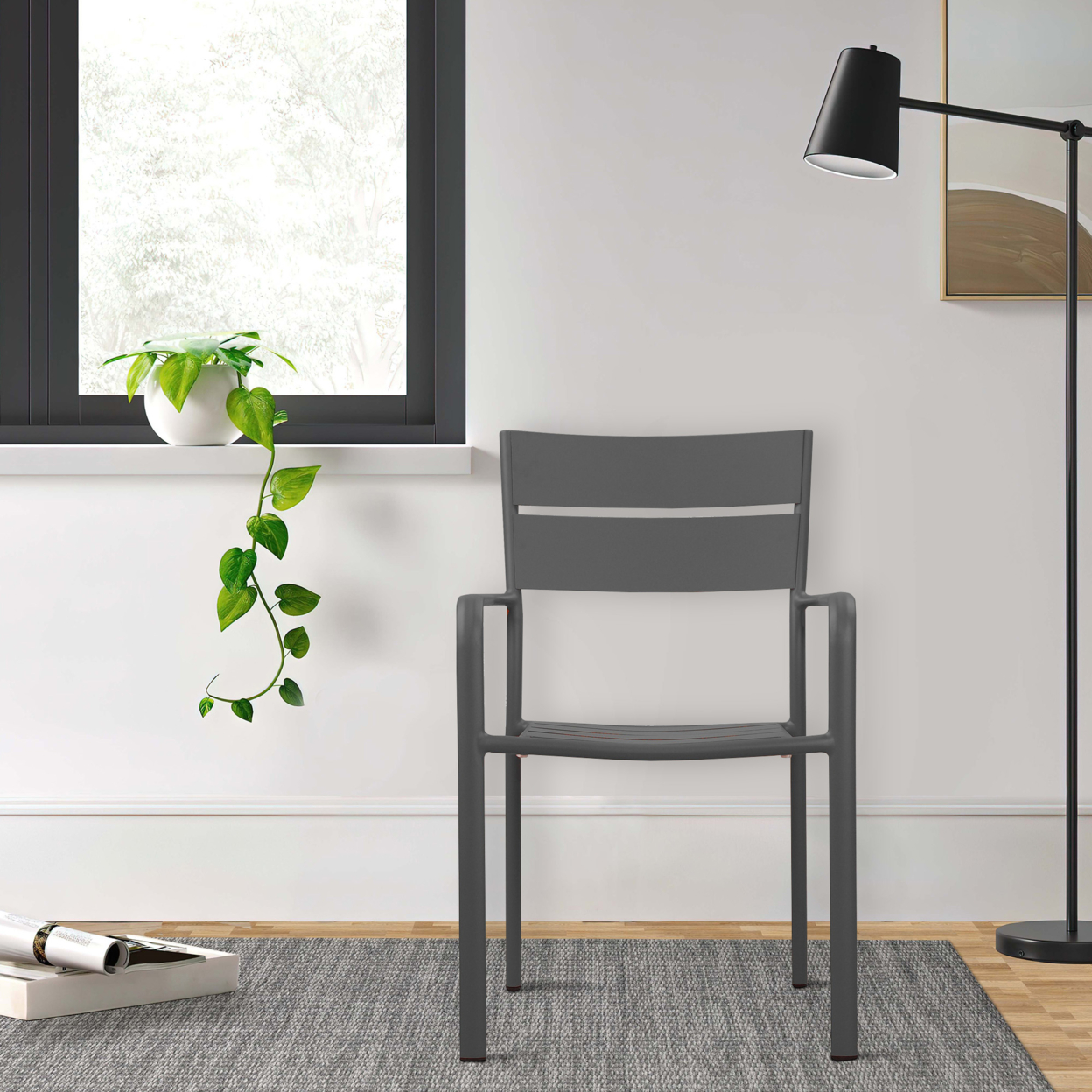 Meta 22 Inch 6 Piece Dining Chair Set, Gray Aluminum Frame, Stackable- Saltoro Sherpi
