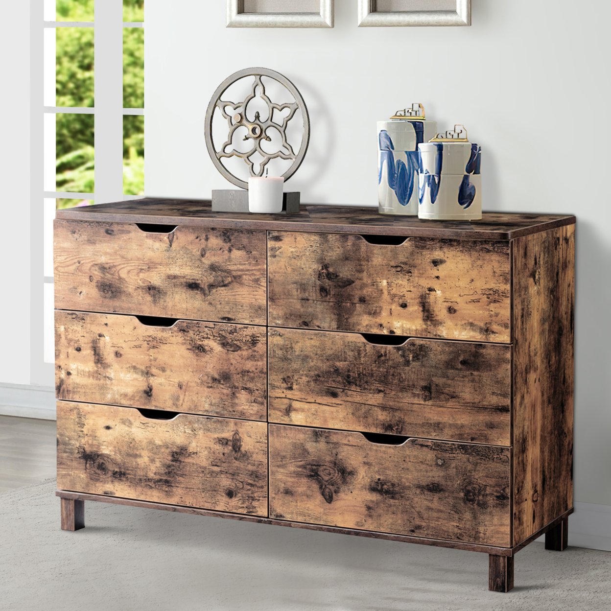 Wooden Frame Dresser With 6 Drawers And Straight Legs, Distressed Brown- Saltoro Sherpi