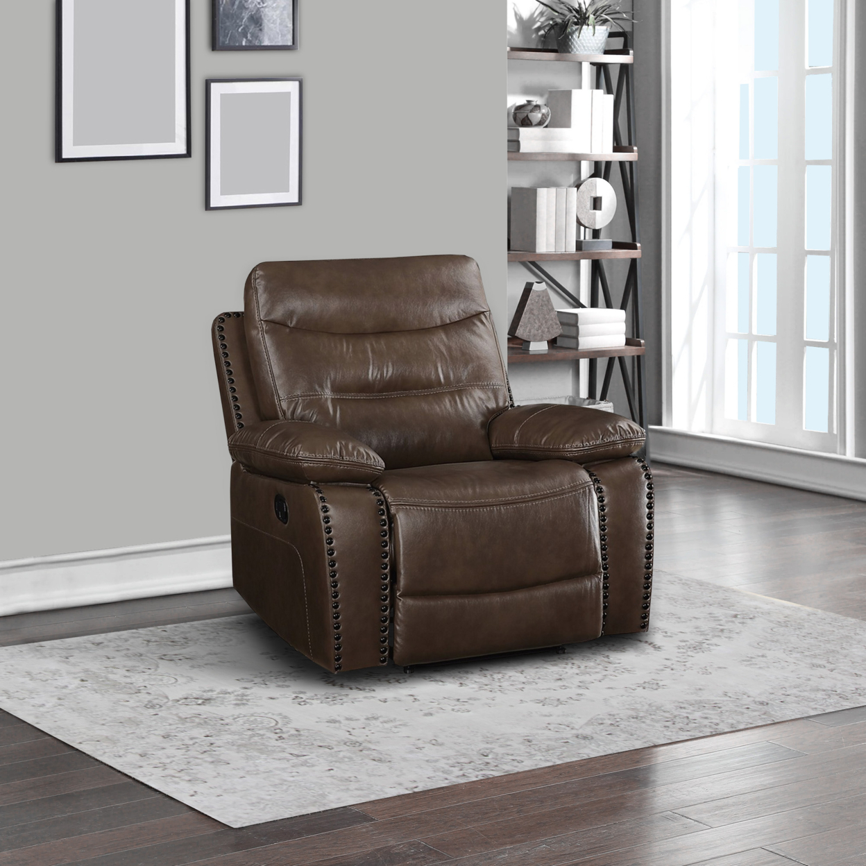 Leatherette Power Recliner With Nailhead Trim Accent, Brown- Saltoro Sherpi