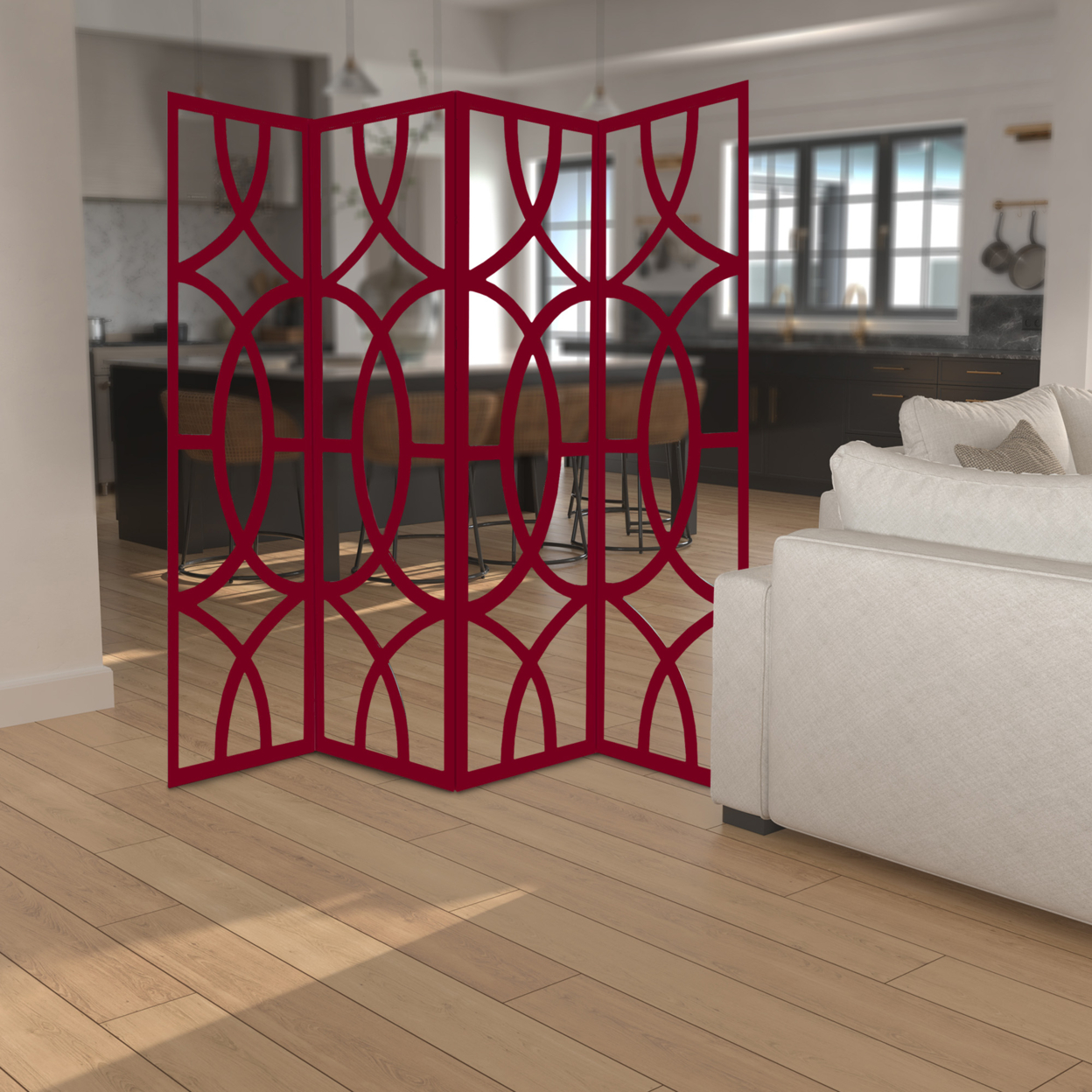 Modern Style 4 Panel Screen With Geometrical Stencil Design, Red- Saltoro Sherpi