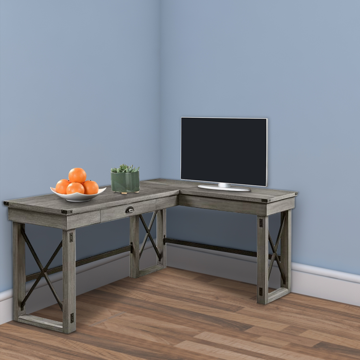 L Shaped Writing Desk With Lift Top And Sled Base, Oak Gray- Saltoro Sherpi