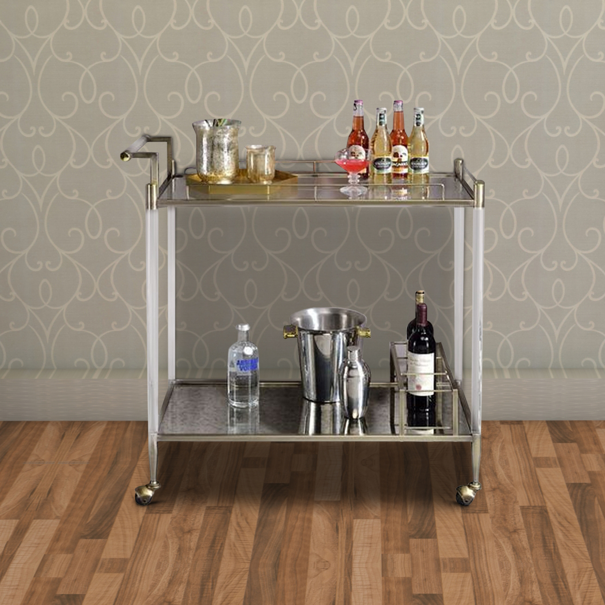 2 Tier Serving Cart With Acrylic And Metal Frame, Brass- Saltoro Sherpi
