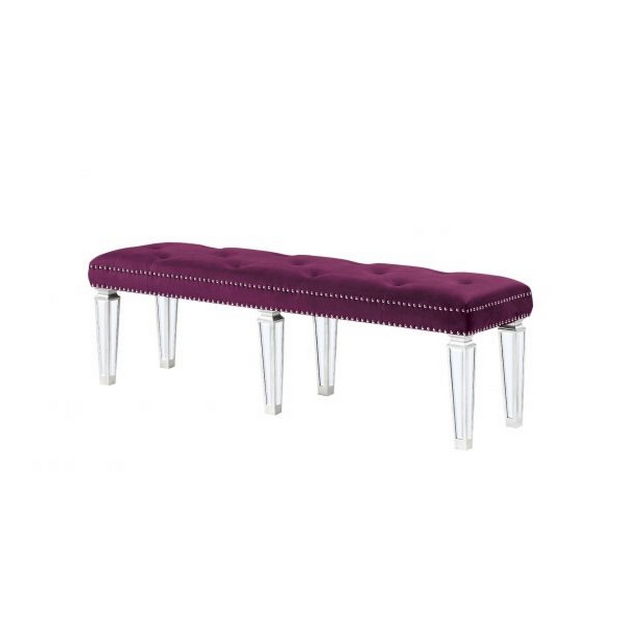 Accent Bench With Tufted Velvet Seat And Mirrored Legs, Purple- Saltoro Sherpi