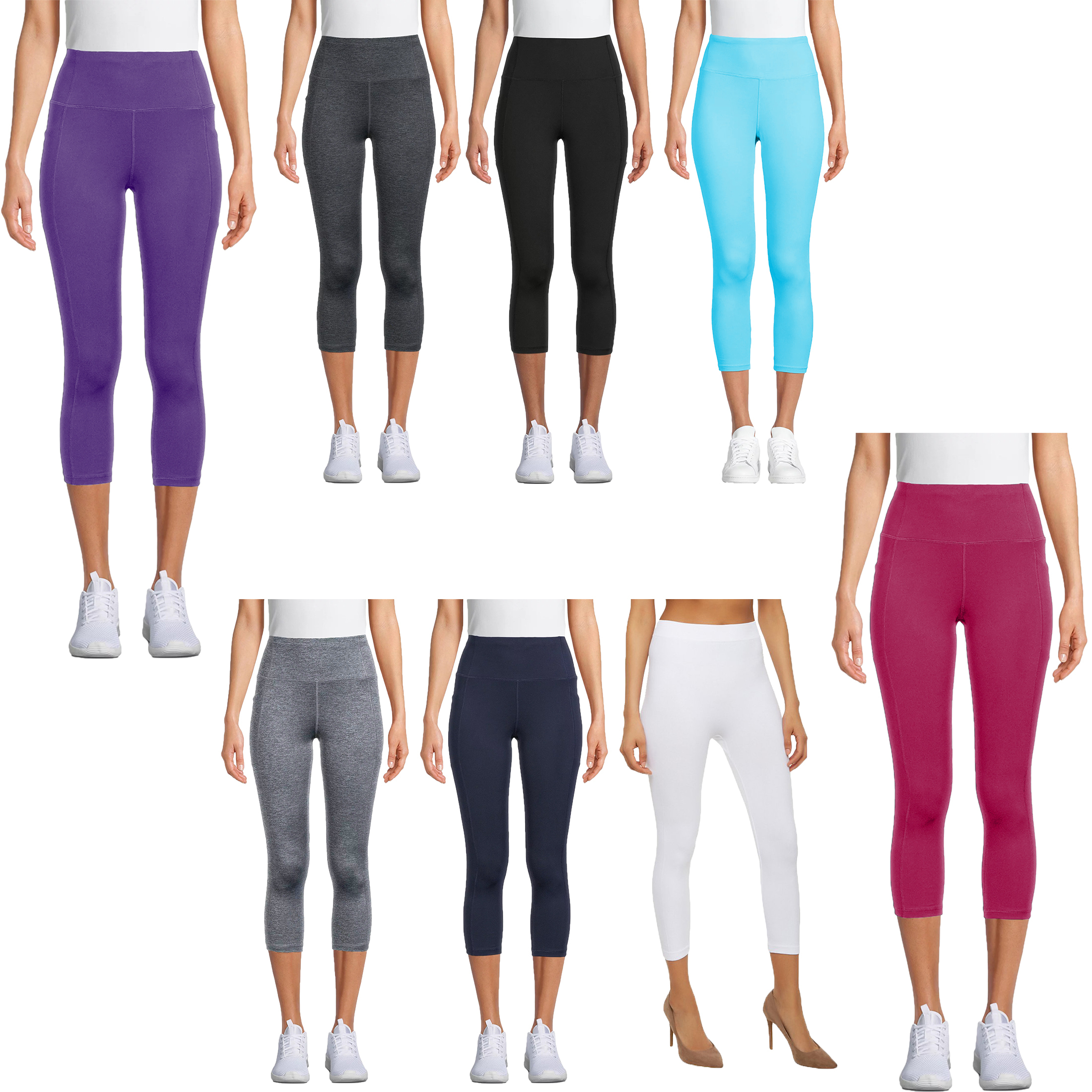 6-Pack: Ladies High Waisted Solid Basic Ultra Soft Active Workout Capri Leggings - S