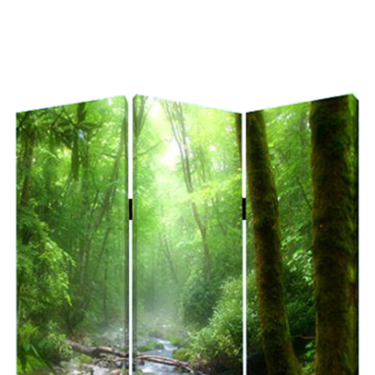 3 Panel Foldable Canvas Screen With Rainforest Print, Green- Saltoro Sherpi