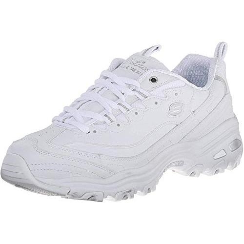Skechers Women's D'Lites Memory Foam Lace-up Sneaker 8.5 WHITE/SILVER - WHITE/SILVER, 9