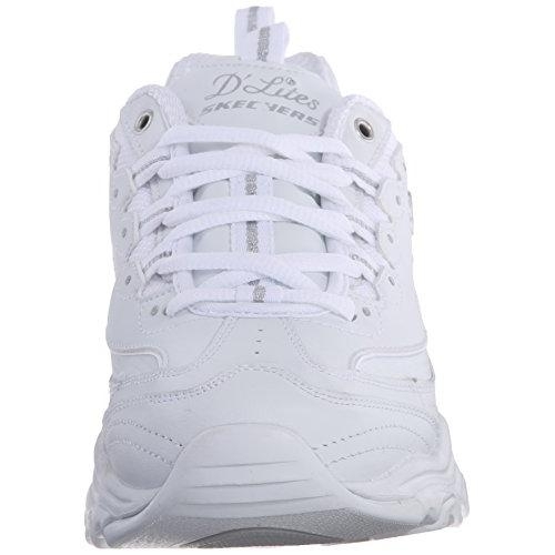 Skechers Women's D'Lites Memory Foam Lace-up Sneaker 8.5 WHITE/SILVER - WHITE/SILVER, 5.5
