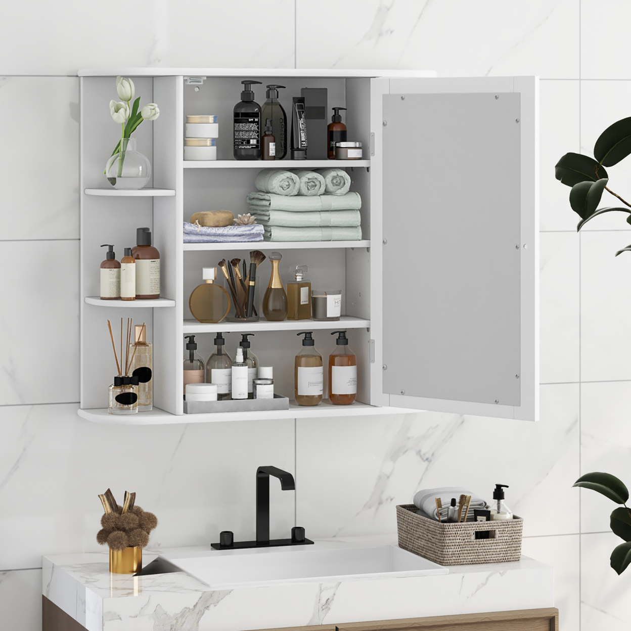 Bathroom White Finish Multipurpose Mount Wall Surface Storage Cabinet Mirror