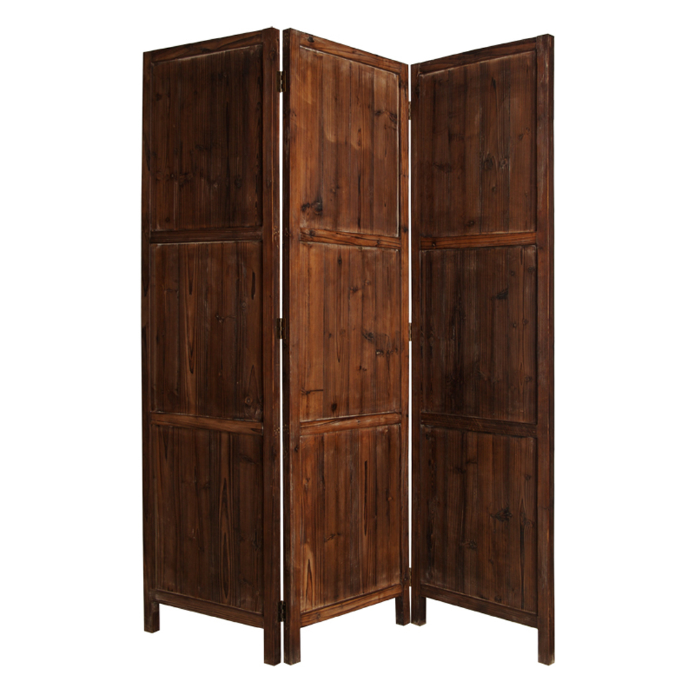 Wooden 3 Panel Room Divider With Plank Pattern, Brown- Saltoro Sherpi
