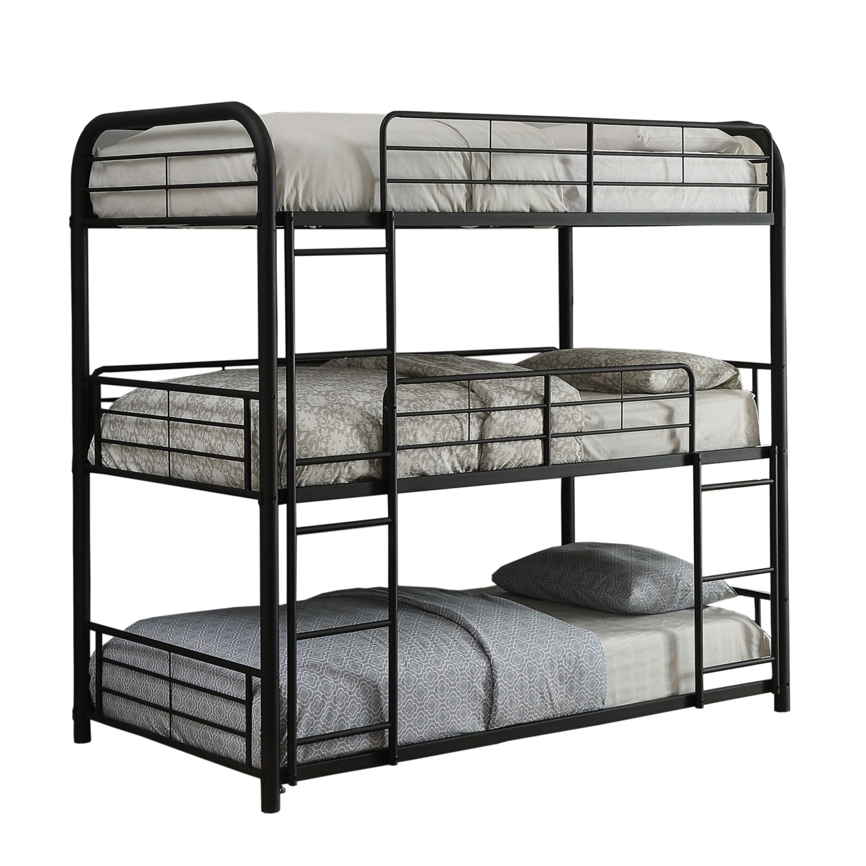 Triple Layer Full Size Metal Bunk Bed With Attached Ladder, Black- Saltoro Sherpi