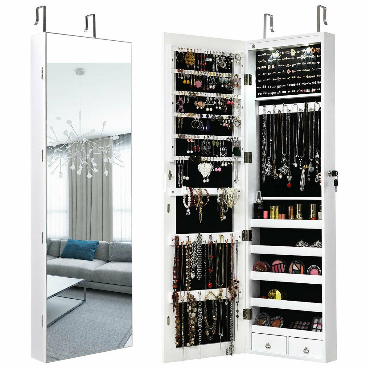 Wall & Door Mounted Mirrored Jewelry Cabinet Storage Organizer Black/White - Black