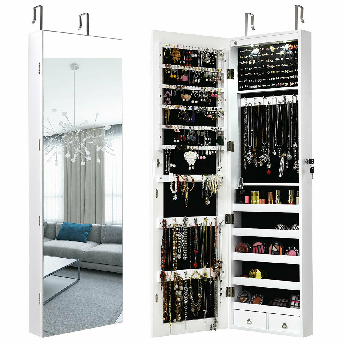 Wall & Door Mounted Mirrored Jewelry Cabinet Storage Organizer Black/White - Brown